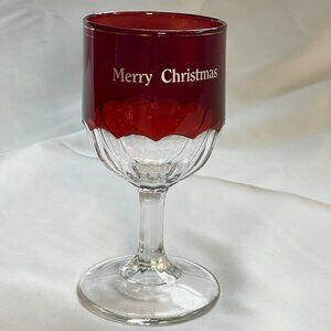 Merry Christmas Vintage Ruby Red and Clear Glass Goblet